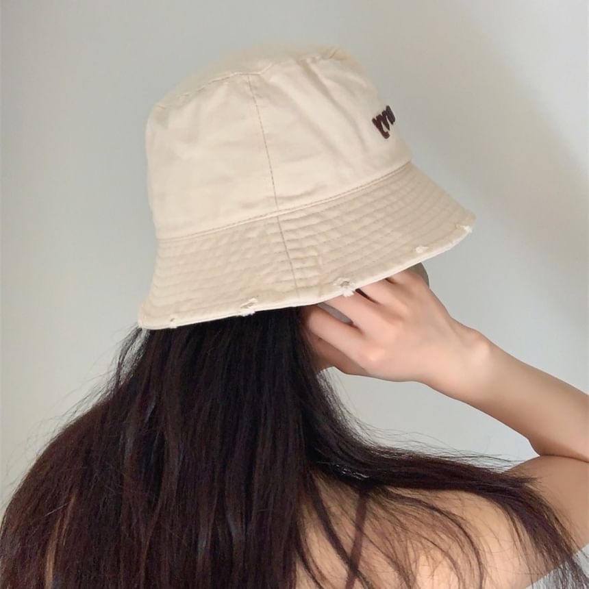 Lettering Embroidered Distressed Bucket Hat