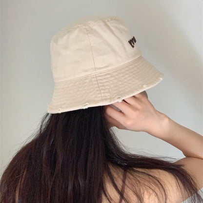 Lettering Embroidered Distressed Bucket Hat