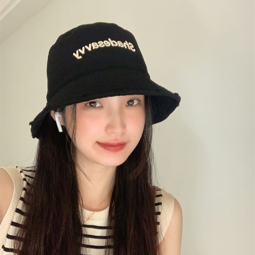 Lettering Embroidered Distressed Bucket Hat