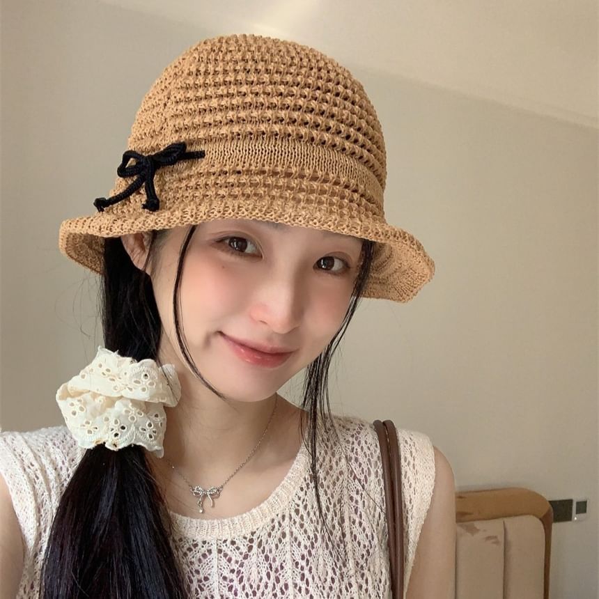 Bow Accent Woven Bucket Hat