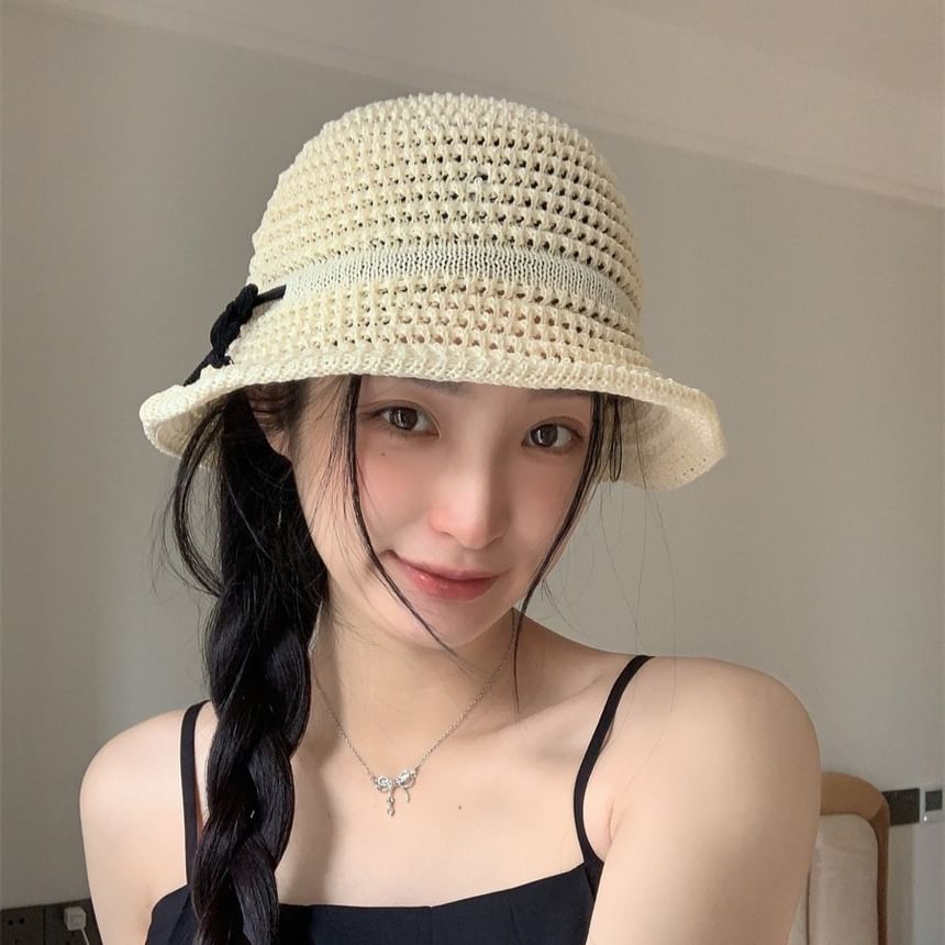 Bow Accent Woven Bucket Hat