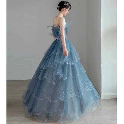 Spaghetti Strap V-Neck Floral Applique Tiered Mesh A-Line Evening Gown