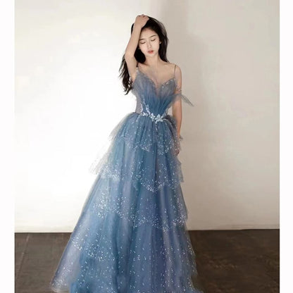 Spaghetti Strap V-Neck Floral Applique Tiered Mesh A-Line Evening Gown
