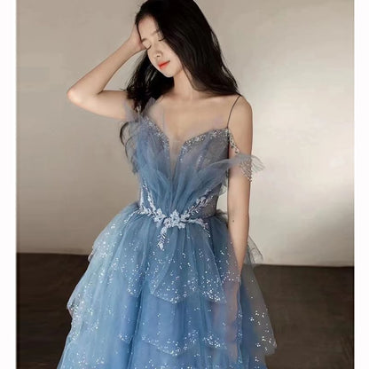 Spaghetti Strap V-Neck Floral Applique Tiered Mesh A-Line Evening Gown