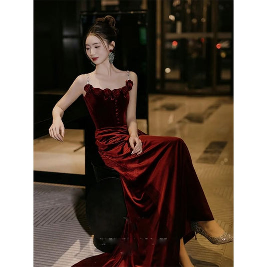 Spaghetti Strap Plain Velvet A-Line Evening Gown