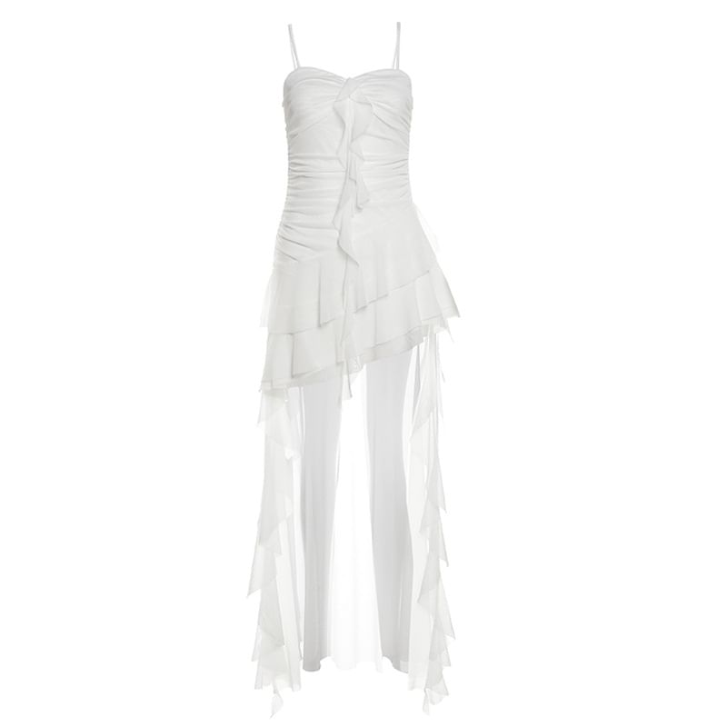 Thin Strap Asymmetrical Ruffle-Trimmed Ruched Open Back High-Low A-Line Dress
