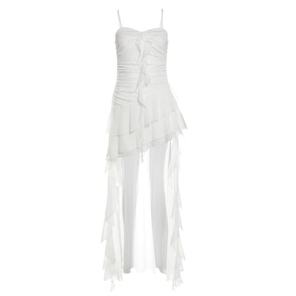 Thin Strap Asymmetrical Ruffle-Trimmed Ruched Open Back High-Low A-Line Dress