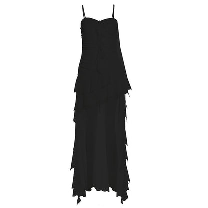 Thin Strap Asymmetrical Ruffle-Trimmed Ruched Open Back High-Low A-Line Dress