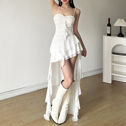 Thin Strap Asymmetrical Ruffle-Trimmed Ruched Open Back High-Low A-Line Dress