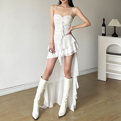 Thin Strap Asymmetrical Ruffle-Trimmed Ruched Open Back High-Low A-Line Dress