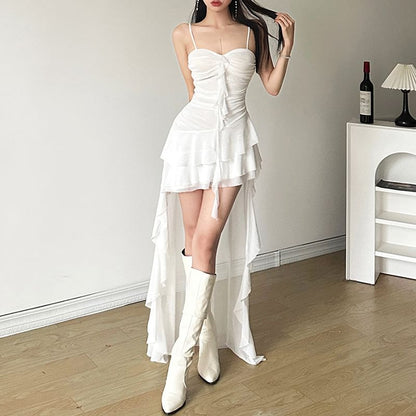 Thin Strap Asymmetrical Ruffle-Trimmed Ruched Open Back High-Low A-Line Dress