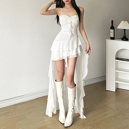 Thin Strap Asymmetrical Ruffle-Trimmed Ruched Open Back High-Low A-Line Dress