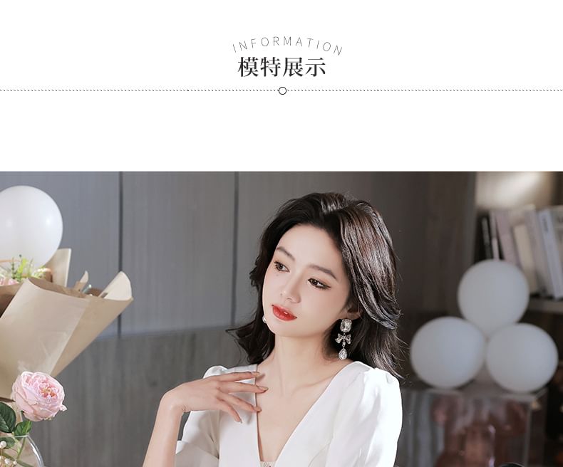 Short-Sleeve V-Neck Floral Applique A-Line Evening Gown