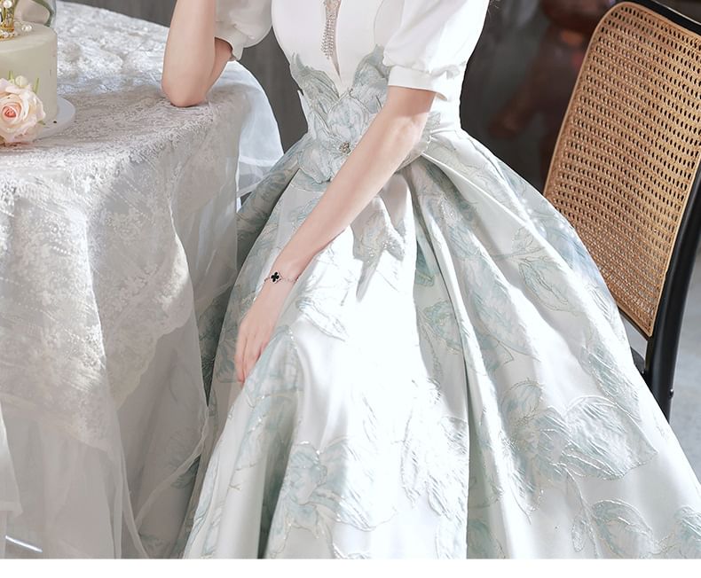 Short-Sleeve V-Neck Floral Applique A-Line Evening Gown