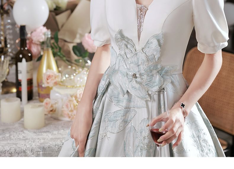 Short-Sleeve V-Neck Floral Applique A-Line Evening Gown