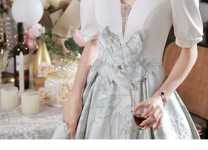 Short-Sleeve V-Neck Floral Applique A-Line Evening Gown