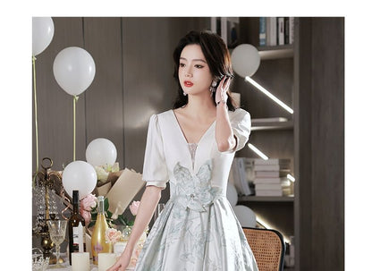 Short-Sleeve V-Neck Floral Applique A-Line Evening Gown
