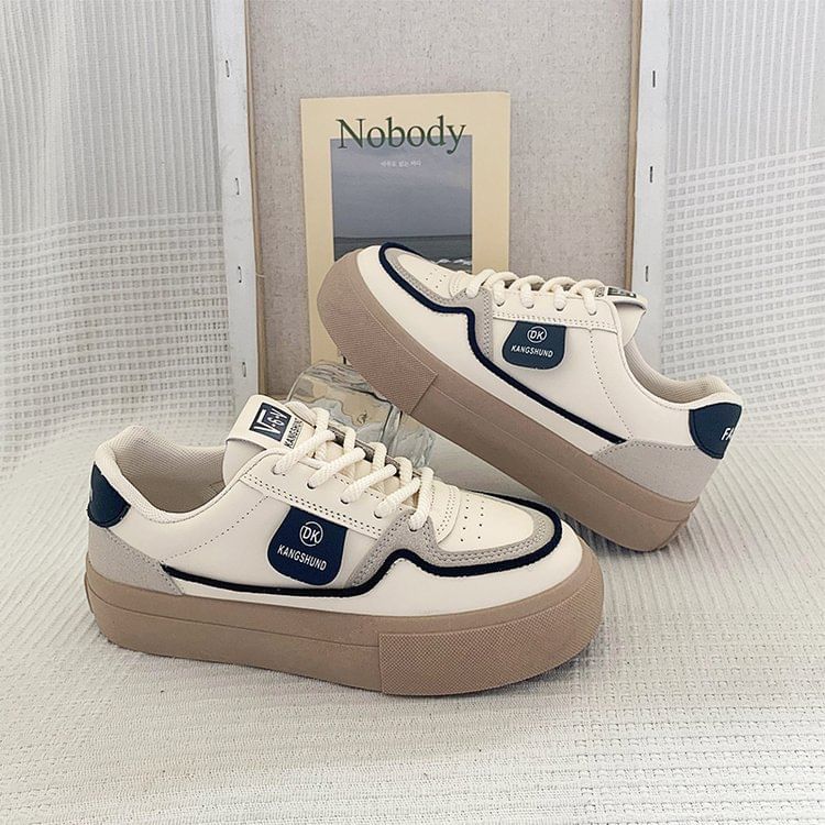 Platform Color Block Applique Faux Leather Lace-Up Sneakers