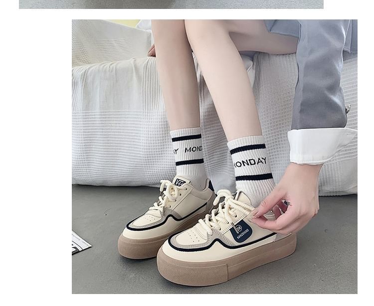 Platform Color Block Applique Faux Leather Lace-Up Sneakers