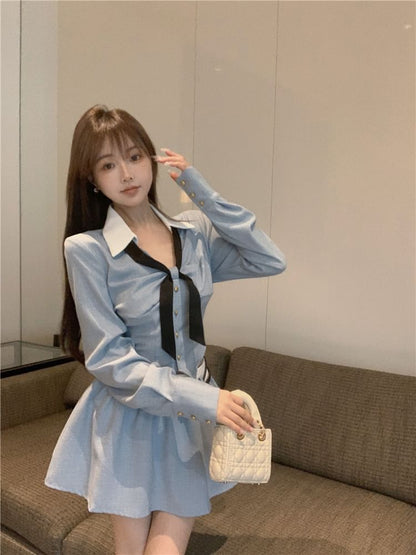 Plain Shirt / Tie / High Waist Mini A-Line Skirt / Belt / Set