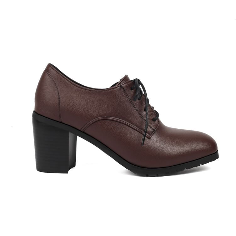 Chunky Heel Plain Faux Leather Lace-Up Pumps