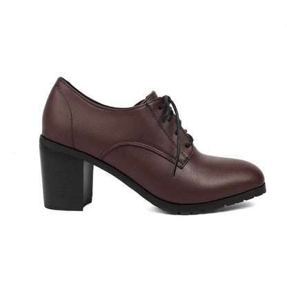 Chunky Heel Plain Faux Leather Lace-Up Pumps