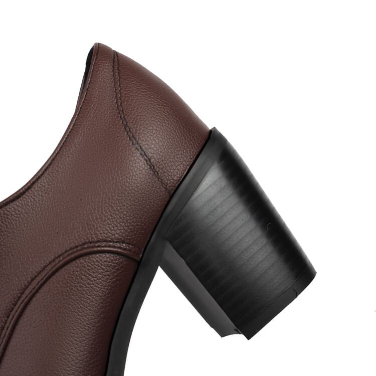 Chunky Heel Plain Faux Leather Lace-Up Pumps