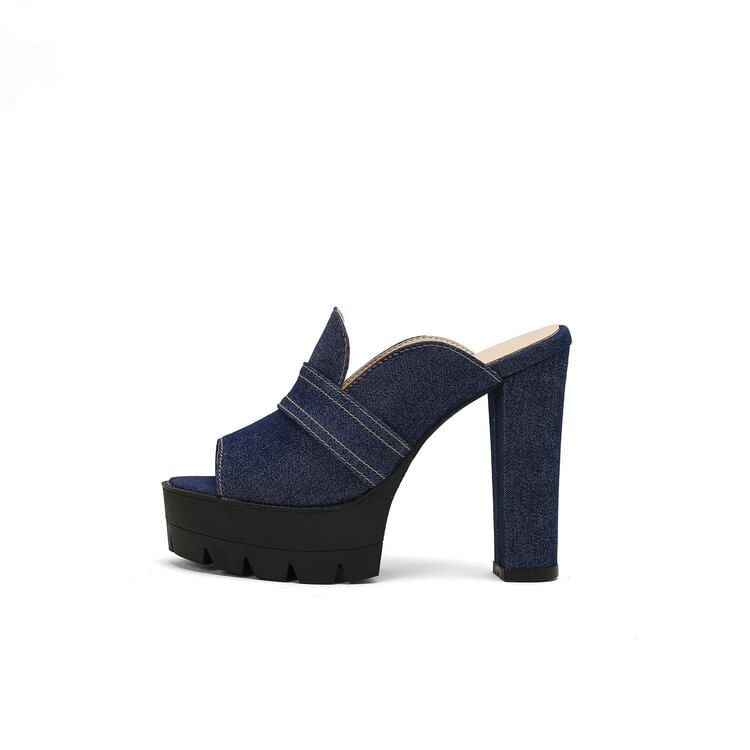 Chunky Heel Washed Denim Sandals