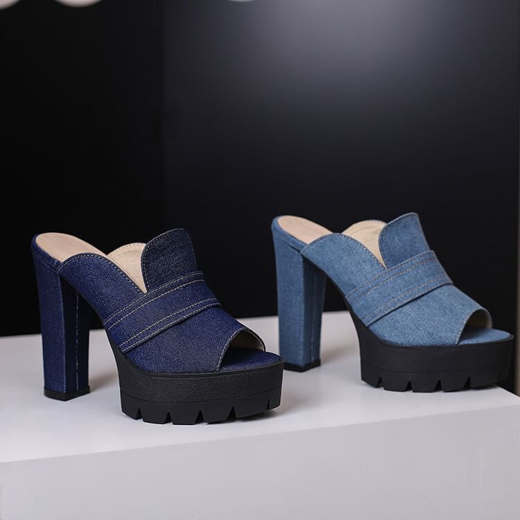 Chunky Heel Washed Denim Sandals