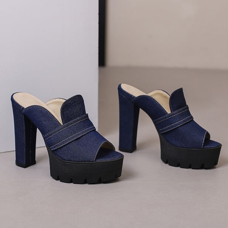 Chunky Heel Washed Denim Sandals