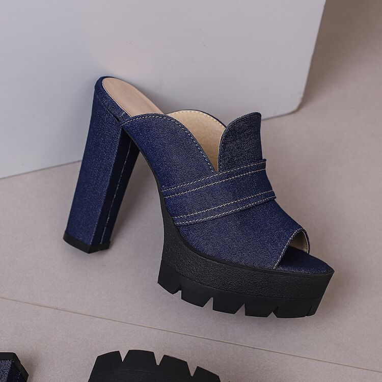 Chunky Heel Washed Denim Sandals