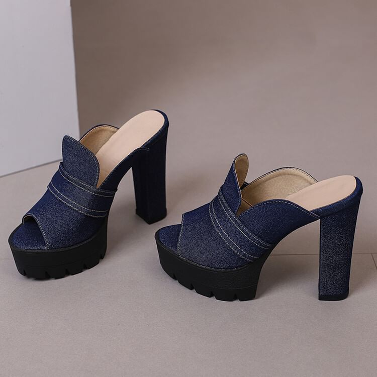 Chunky Heel Washed Denim Sandals