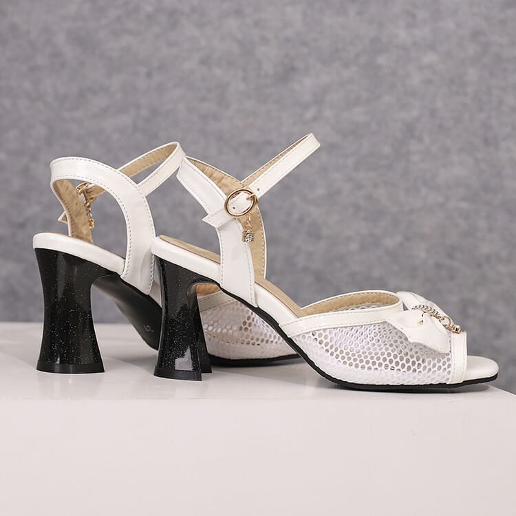 Chunky Heel Ankle Strap Mesh Panel Rhinestone Bow Patent Leather Sandals