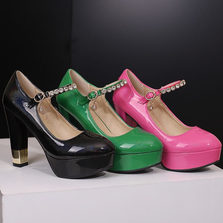 Chunky Heel Rhinestone Accent Patent Leather Mary Jane Pumps