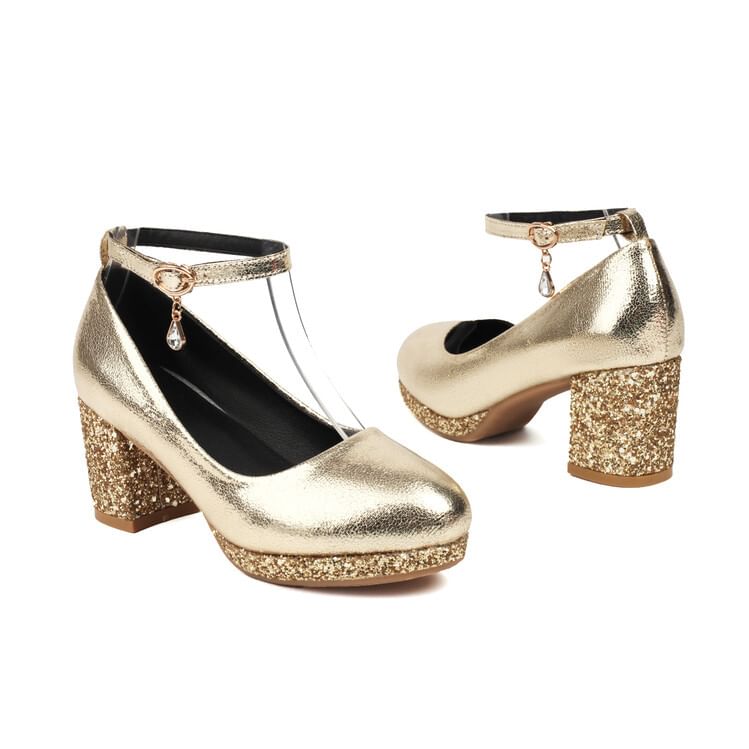 Chunky Heel Ankle Strap Sequin Pumps