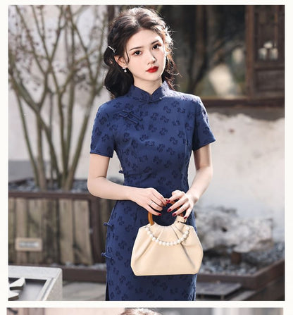 Short-Sleeve Stand Collar Frog Buttoned Plain Midi Qipao Dress