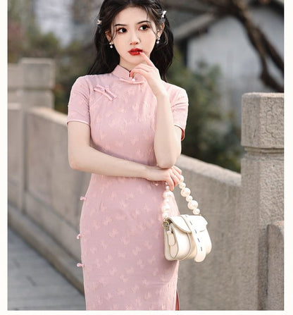 Short-Sleeve Stand Collar Frog Buttoned Plain Midi Qipao Dress