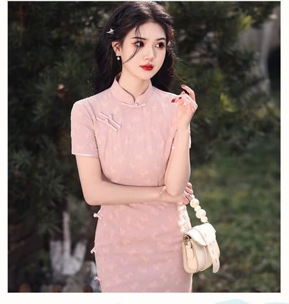 Short-Sleeve Stand Collar Frog Buttoned Plain Midi Qipao Dress