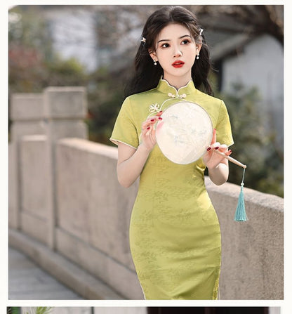 Short-Sleeve Frog Buttoned Midi Qipao Dress