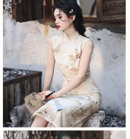 Sleeveless Floral Print Midi Qipao Dress