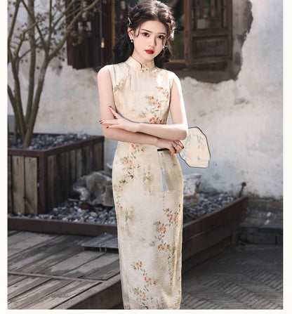 Sleeveless Floral Print Midi Qipao Dress