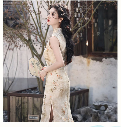 Sleeveless Floral Print Midi Qipao Dress