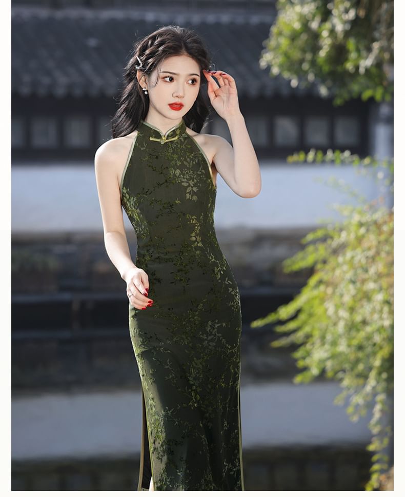 Sleeveless Mesh Tie Dye Midi Qipao Dress