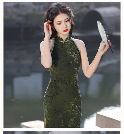 Sleeveless Mesh Tie Dye Midi Qipao Dress
