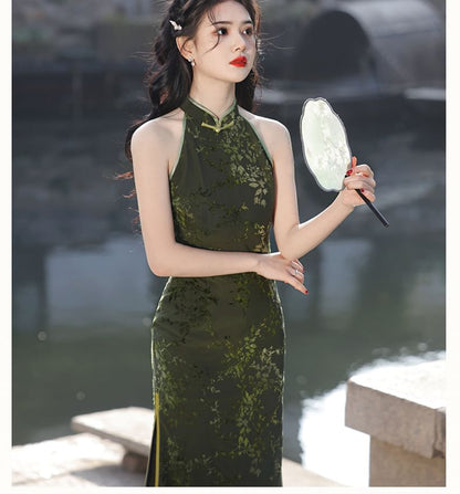 Sleeveless Mesh Tie Dye Midi Qipao Dress