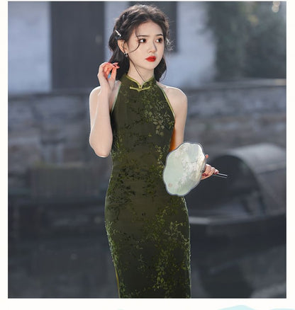 Sleeveless Mesh Tie Dye Midi Qipao Dress