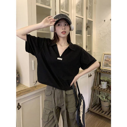 Short-Sleeve V-Neck Applique Drawstring Hem Polo Shirt
