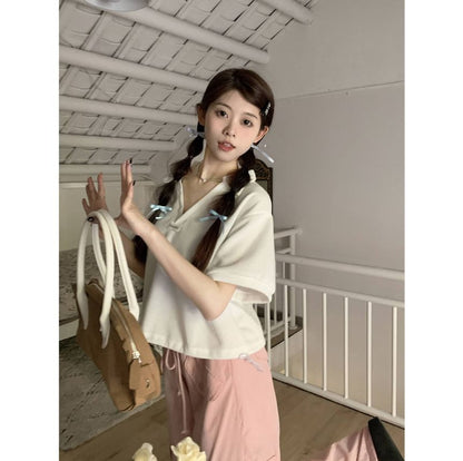 Short-Sleeve V-Neck Applique Drawstring Hem Polo Shirt