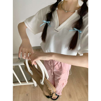 Short-Sleeve V-Neck Applique Drawstring Hem Polo Shirt