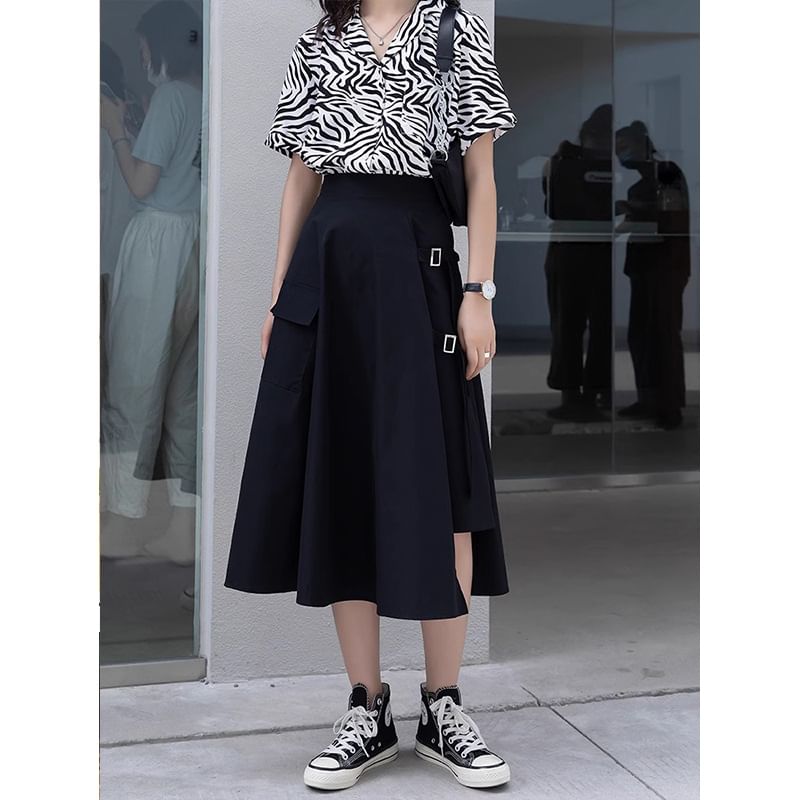 Elastic Waist Plain Asymmetrical Buckled Slit Midi A-Line Skirt